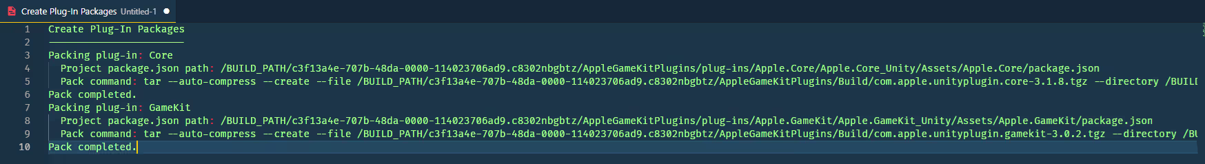 Packed tarball unity apple plugins names cloud build logs